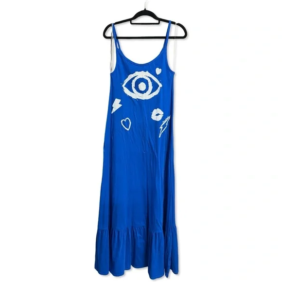 Lauren Moshi Beatrix Painted Evil Eye Dress cotton Blue Graphic Maxi  Revolve L